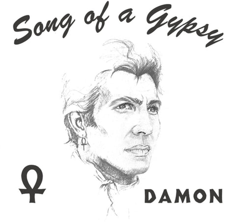 Black and white graphic print featuring a pencil-style sketch portrait of Damon, with the text 'Song of a Gypsy' at the top, an Ankh symbol at bottom left, and 'DAMON' at bottom right.
