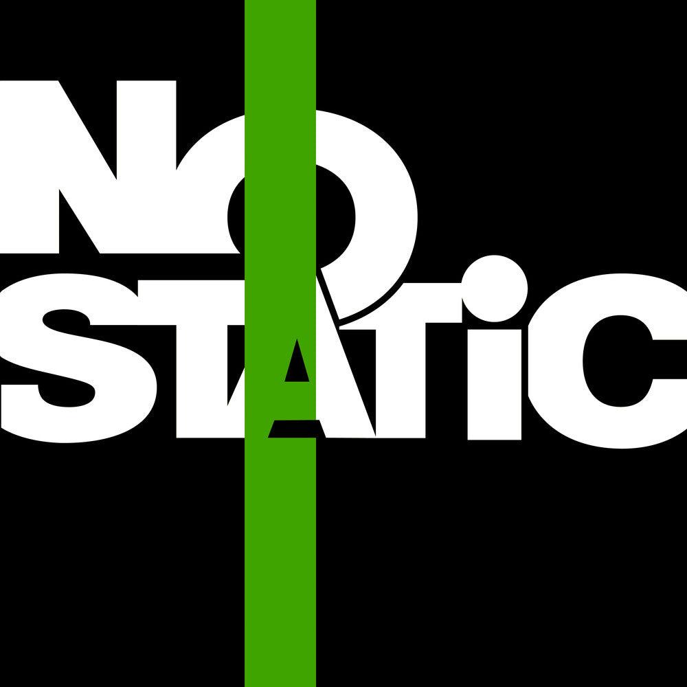 A graphic design featuring the words 'NO STATIC' in bold white sans-serif lettering on a solid black background, intersected by a vertical bright green stripe.