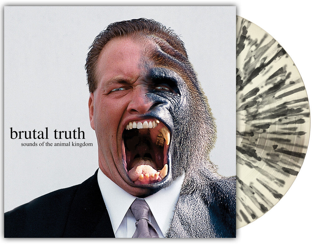 A vinyl record album cover and disc shown against a plain white background. The square cover features a close-up portrait of a screaming man in a suit with a gorilla face overlay, and the text reads 'brutal truth' and 'sounds of the animal kingdom.