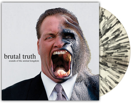 A vinyl record album cover and disc shown against a plain white background. The square cover features a close-up portrait of a screaming man in a suit with a gorilla face overlay, and the text reads 'brutal truth' and 'sounds of the animal kingdom.