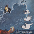 Album cover art for 'Dirty Old Power' by A J J, featuring a surreal illustration of a devil-like figure in a black suit and mask popping out of clouds, a vintage airplane in the sky, large stylized 'A J J' letters, and a hand holding a diamond in the lower left corner.