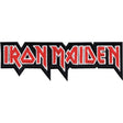 Iron Maiden embroidered patch featuring the band's logo in red with a white outline and a black jagged border, shown on a plain white background.