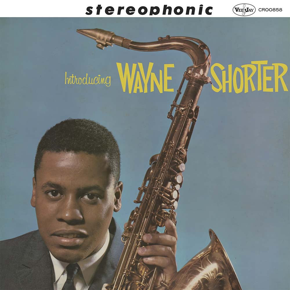 Album cover featuring a man holding a saxophone with 'Wayne Shorter' text on a blue background.