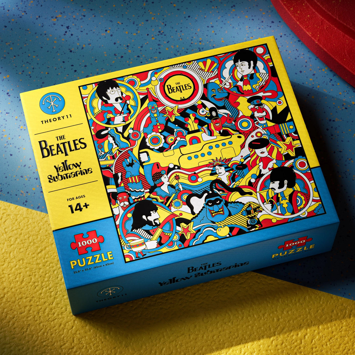 The Beatles Yellow Submarine puzzle box on a blue and yellow surface
