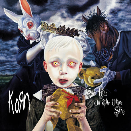 Album cover for Korn featuring a person with pale skin, a rabbit, and a horse holding teddy bears against a dark background.