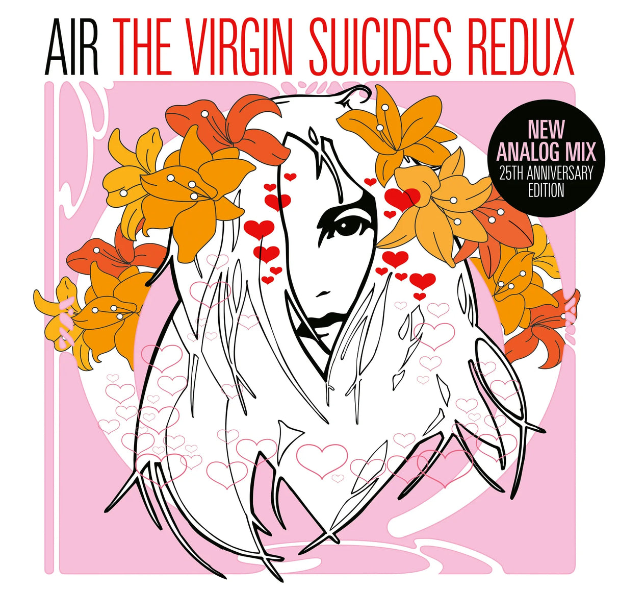 Album cover for 'The Virgin Suicides Redux' with stylized illustration and text on a pink background