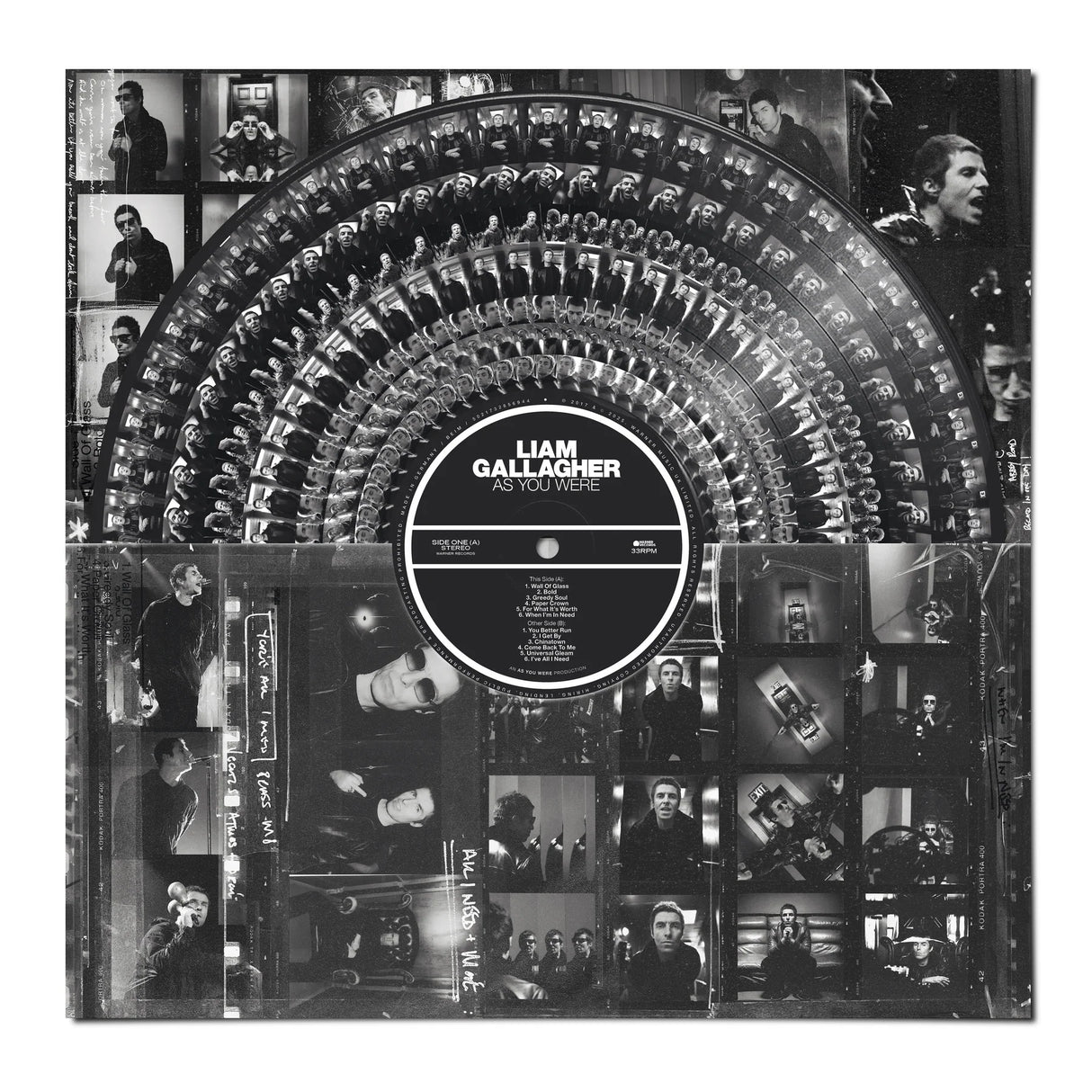 Liam Gallagher vinyl record with black and white collage design