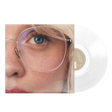 Vinyl record with a close-up of a person wearing glasses and a clear record.