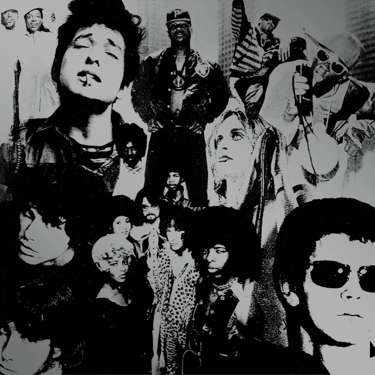 Black and white collage of various people in different poses and outfits.