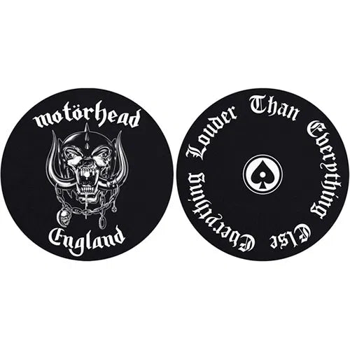 Two black circular stickers with white text and graphics on a white background