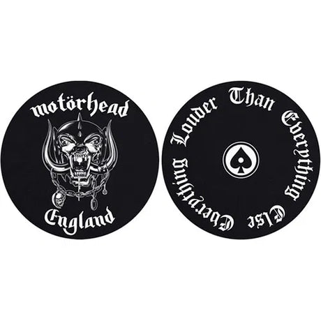 Two black circular stickers with white text and graphics on a white background