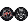 Two Slayer coasters, one with logo and another with skull wearing helmet.