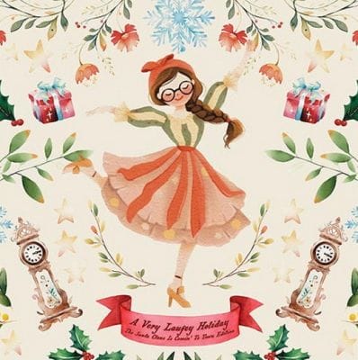 Illustration of a woman in a festive outfit with decorative elements on a light background