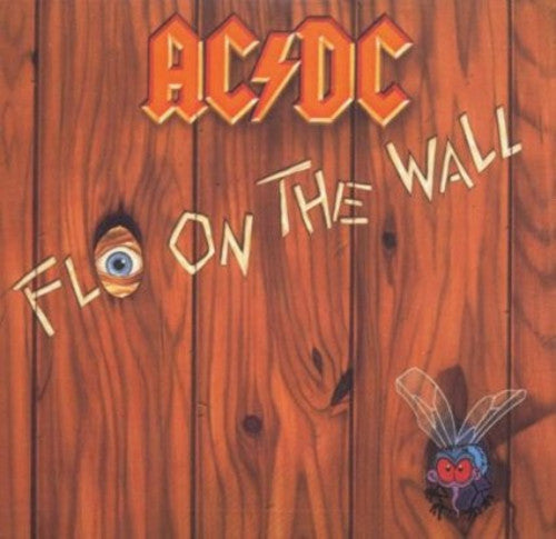 Album cover for AC/DC's 'Flop on the Wall' with wooden panel design and cartoon characters.