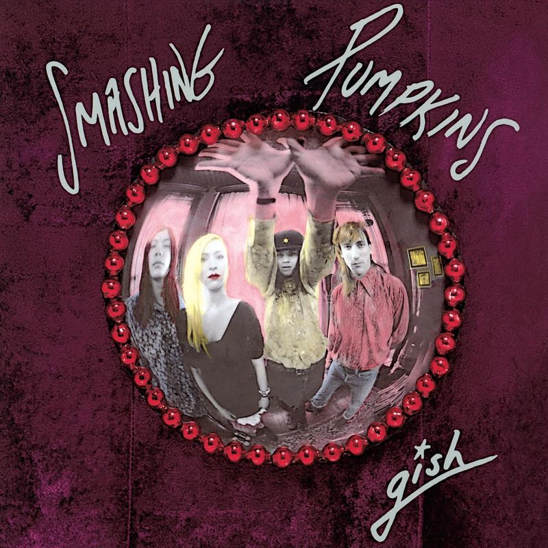 Album cover for 'Gish' by Smashing Pumpkins with a heart-shaped window and four people inside.