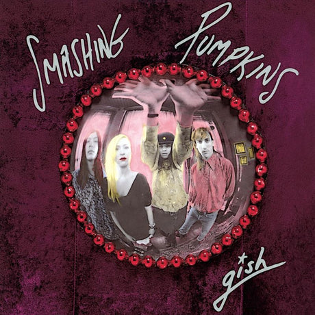 Album cover for 'Gish' by Smashing Pumpkins with a heart-shaped window and four people inside.