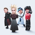 Four individuals in stylized costumes on a white background
