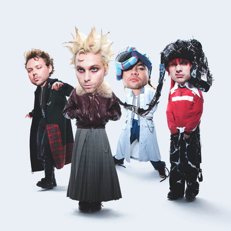 Four individuals in stylized costumes on a white background