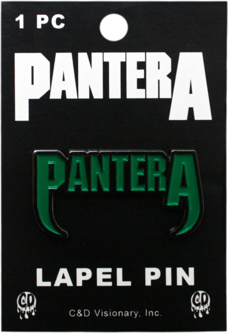 A Pantera lapel pin in green enamel on a black backing card, with 'PANTERA' printed in large white letters and 'LAPEL PIN' at the bottom.
