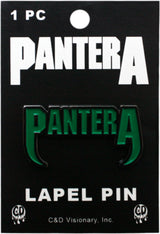 A Pantera lapel pin in green enamel on a black backing card, with 'PANTERA' printed in large white letters and 'LAPEL PIN' at the bottom.