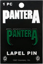 A Pantera lapel pin in green enamel on a black backing card, with 'PANTERA' printed in large white letters and 'LAPEL PIN' at the bottom.