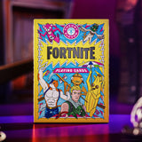 Fortnite playing cards packaging with colorful design on a blurred background