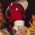 A stylized portrait of a person in a white cap and white shirt, with one hand raised in front of their face, wearing large rings and a cigarette. The image has a strong red color cast, with flames along the left and right edges and a Parental Advisory label in the bottom right corner.