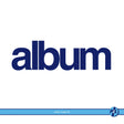 The word 'album' is shown in a bold dark blue sans-serif font centered on a white background, with a light blue horizontal bar along the bottom containing small text and a circular 'PIL' mark.