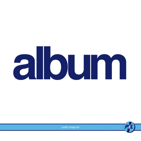 The word 'album' is shown in a bold dark blue sans-serif font centered on a white background, with a light blue horizontal bar along the bottom containing small text and a circular 'PIL' mark.