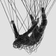 A black wire sculpture of a human figure suspended upside down by multiple thin strings against a light gray background.