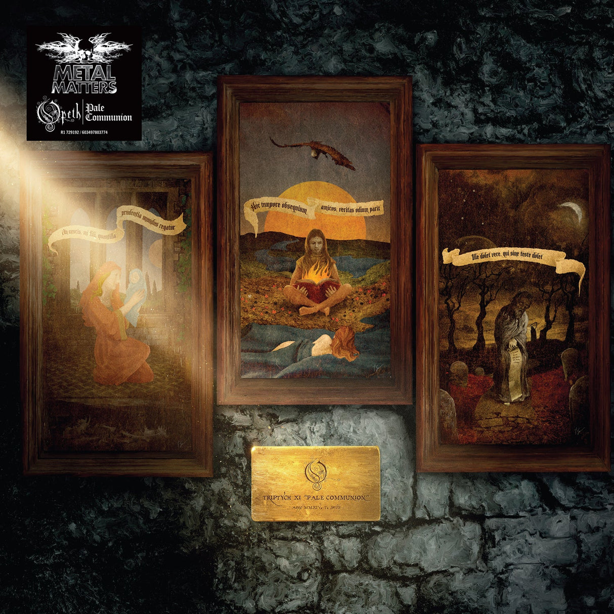 Metal Core Communion album artwork featuring three framed gothic-style paintings of religious figures and scenes, mounted on a dark stone wall above a gold-colored plaque. The Metal Core Communion logo is visible in the top-left corner.