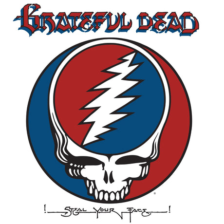 Grateful Dead 'Steal Your Face!' album cover artwork featuring the iconic red and blue circular skull logo with a white lightning bolt, plus the band name at the top and album title at the bottom on a white background.