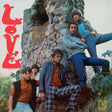 Album cover for 'LOVE' by The Byrds, featuring four band members posing in front of a stone tower. The left side has a large red 'LOVE' title, and the bottom right shows the yellow 'Byrds' logo.
