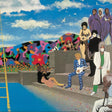 Colorful mural with people by a poolside against a blue sky.