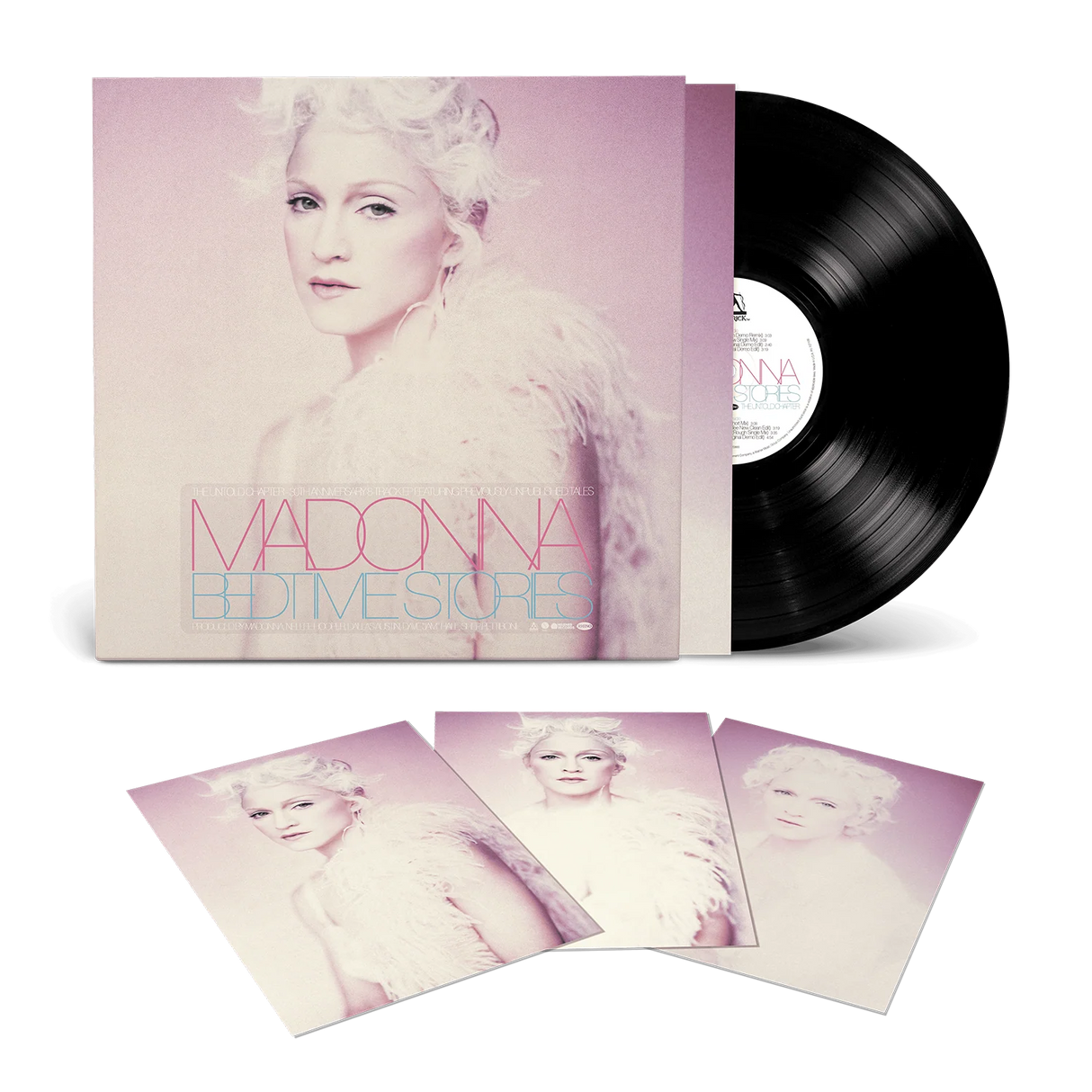 Vinyl record with cover featuring a person with white hair on a light pink background
