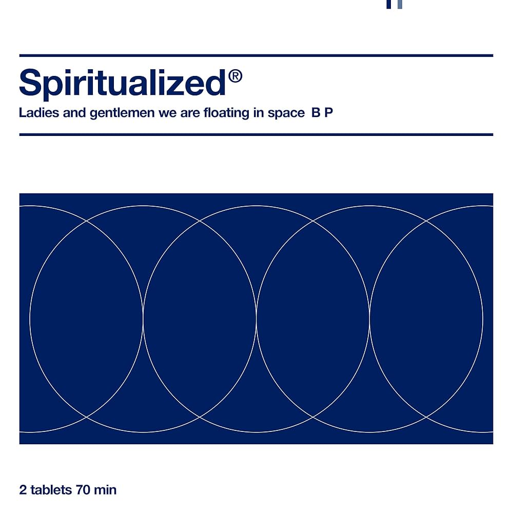 Album cover for 'Ladies and gentlemen we are floating in space B P' by Spiritualized with blue background and white text.