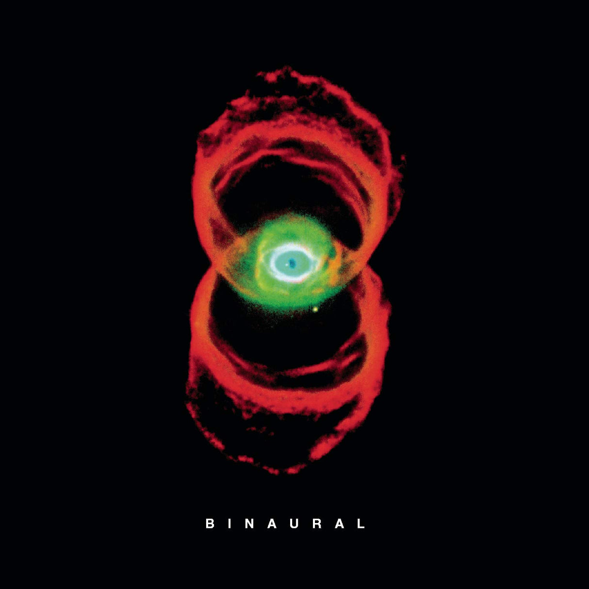 Album cover with a red and green cosmic design on a black background, featuring the word 'Binaural'.