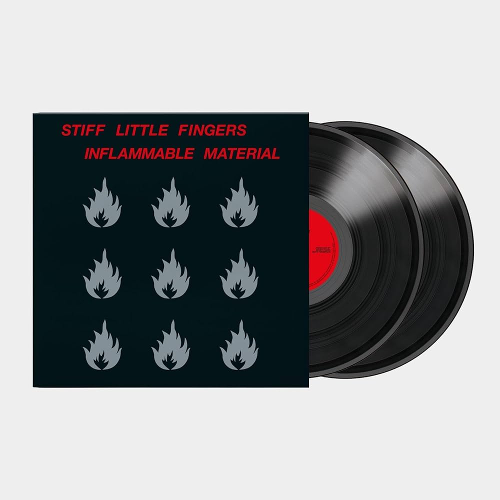 Vinyl record with 'Stiff Little Fingers' album cover featuring flames and text.