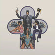 Album cover art featuring a colorful illustration of two characters in a car, with a man in the foreground holding a gun and wearing a cowboy hat.