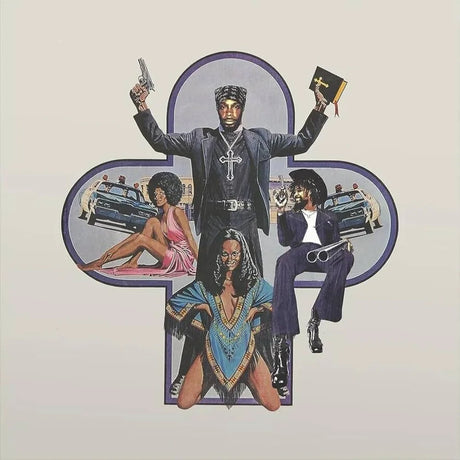 Album cover art featuring a colorful illustration of two characters in a car, with a man in the foreground holding a gun and wearing a cowboy hat.
