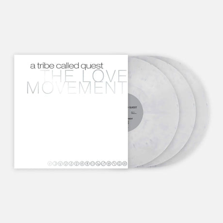 Clear vinyl records with a Tribe Called Quest album cover on a white background