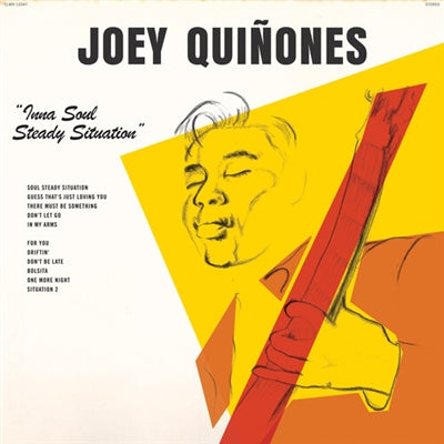 Album cover for Joey Quinones featuring a stylized illustration of a person holding a red object on a yellow and orange background.