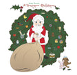 Illustration of Santa Claus with a Christmas wreath, toys, and a bag on a white background.