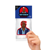 Product packaging with a person's face on a white background