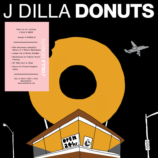 Album cover for 'J Dilla Donuts' with a large yellow donut, building, and airplane.