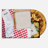 Pizza box with a pizza inside, a menu on the side, and a check on top, all on a white background.