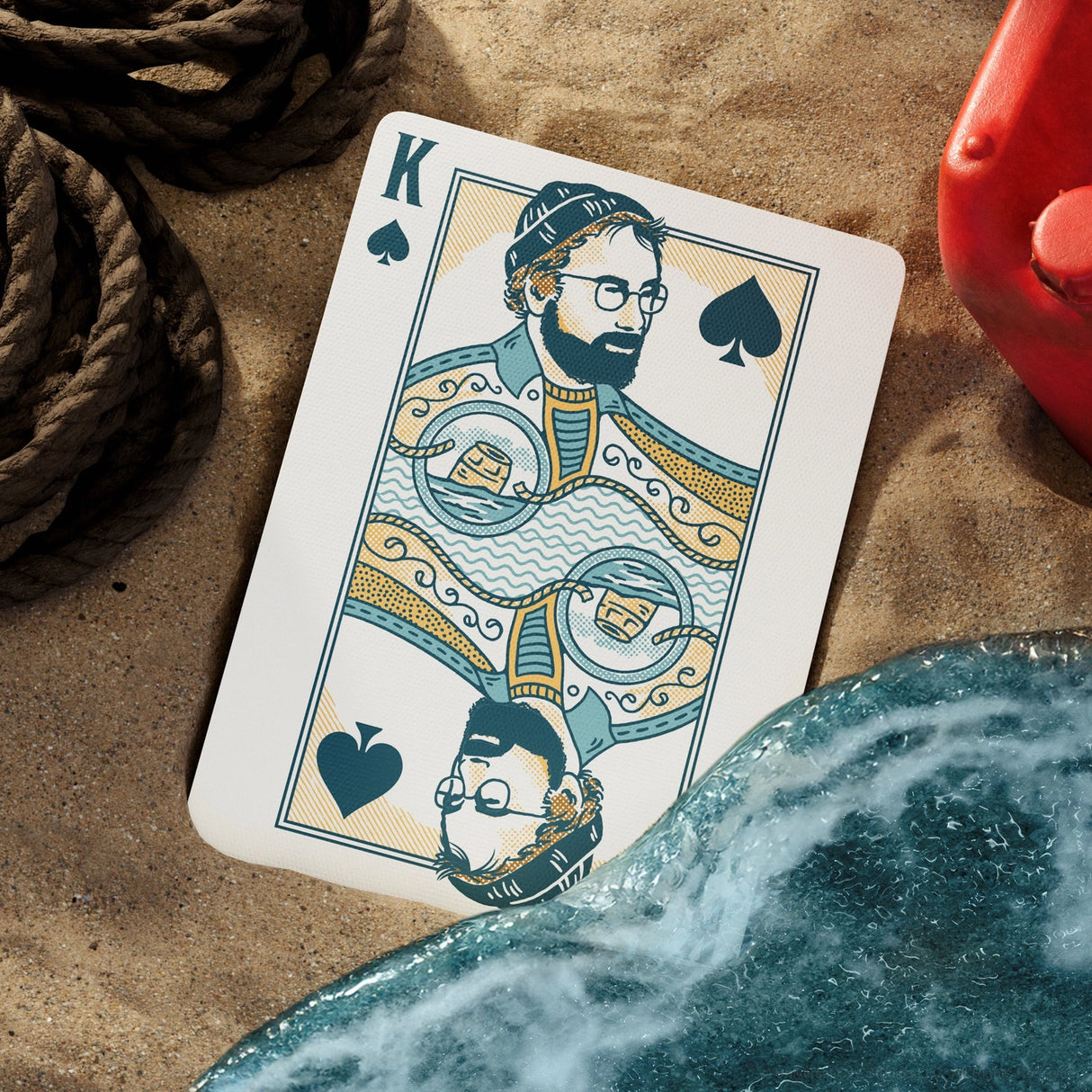 Playing card with a king of spades design on a textured surface with a heart and rope.