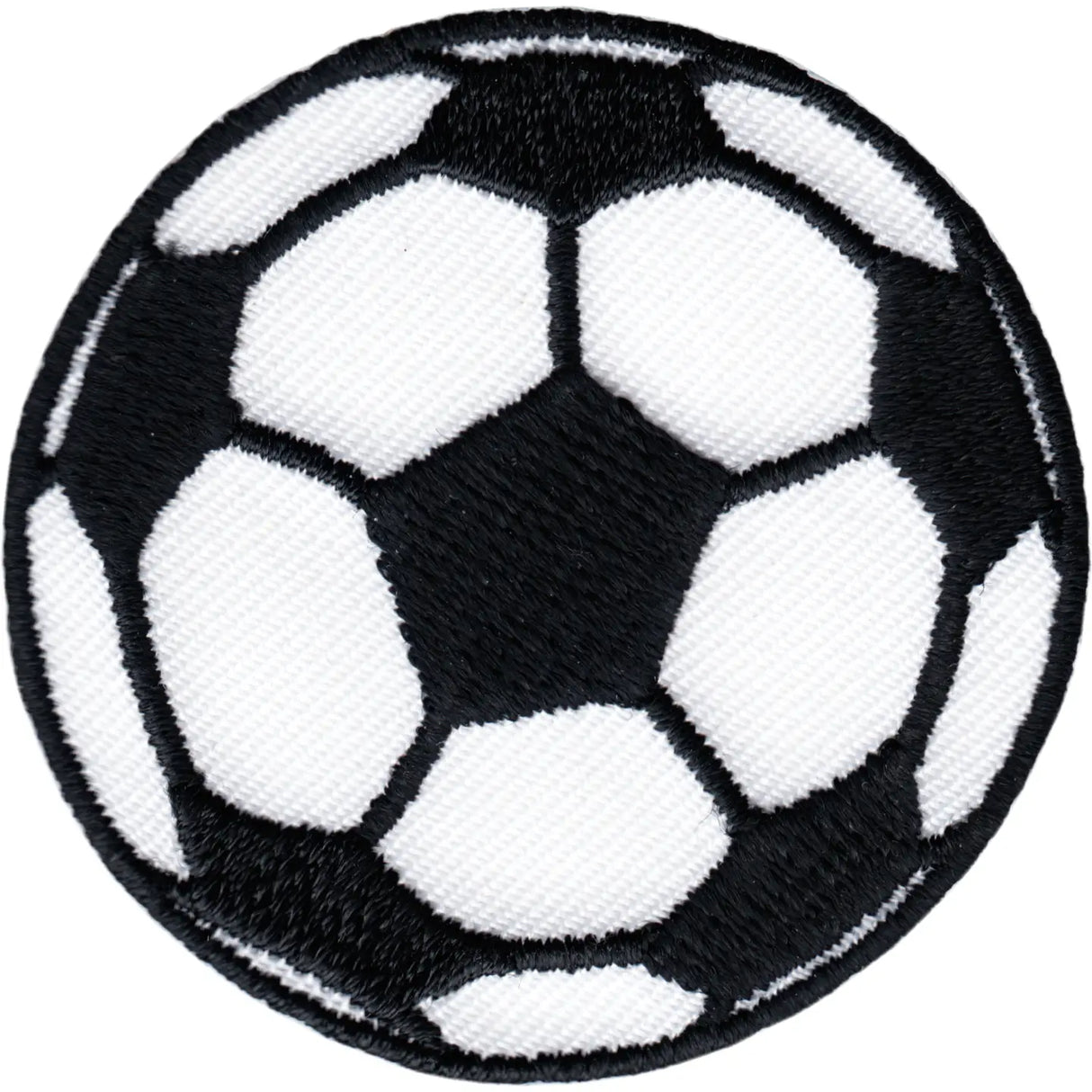A round embroidered patch featuring a classic black and white soccer ball pattern, isolated on a white background.