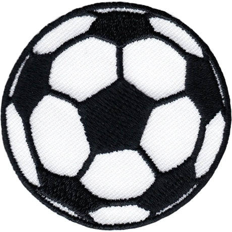 A round embroidered patch featuring a classic black and white soccer ball pattern, isolated on a white background.