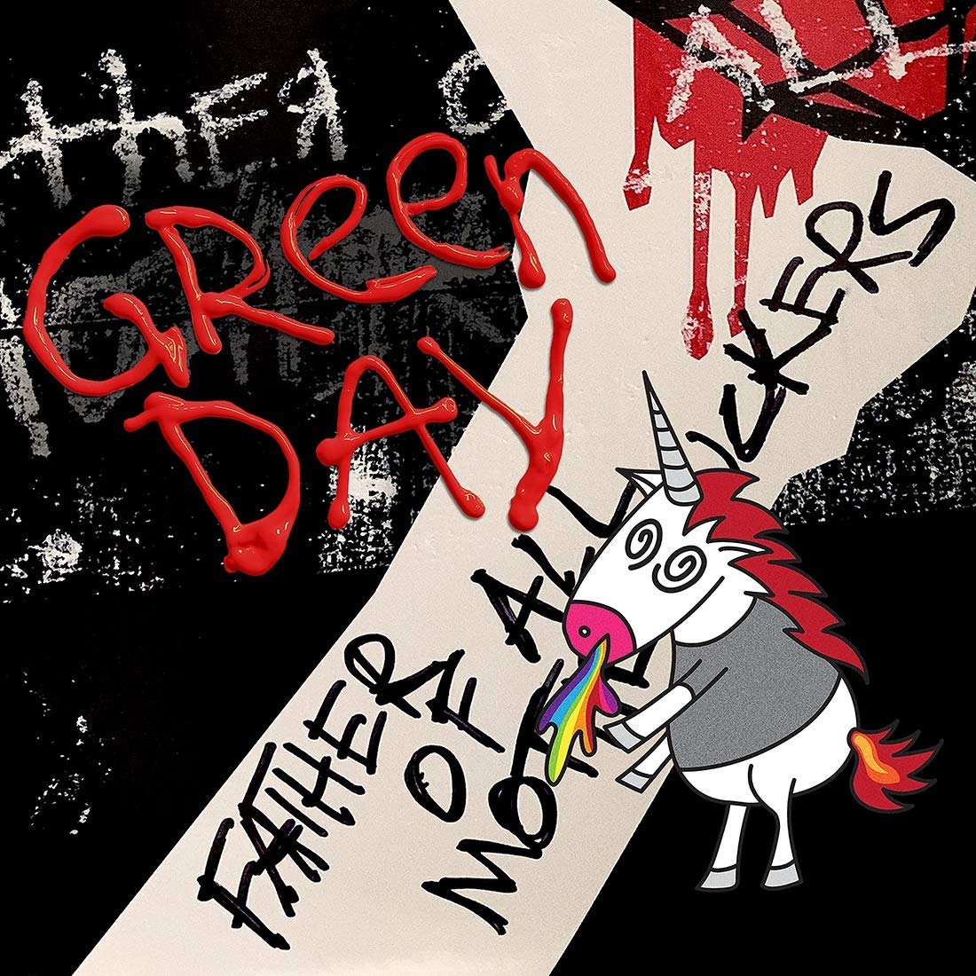 Album cover for Green Day's 'Father of All...' featuring a unicorn and text.